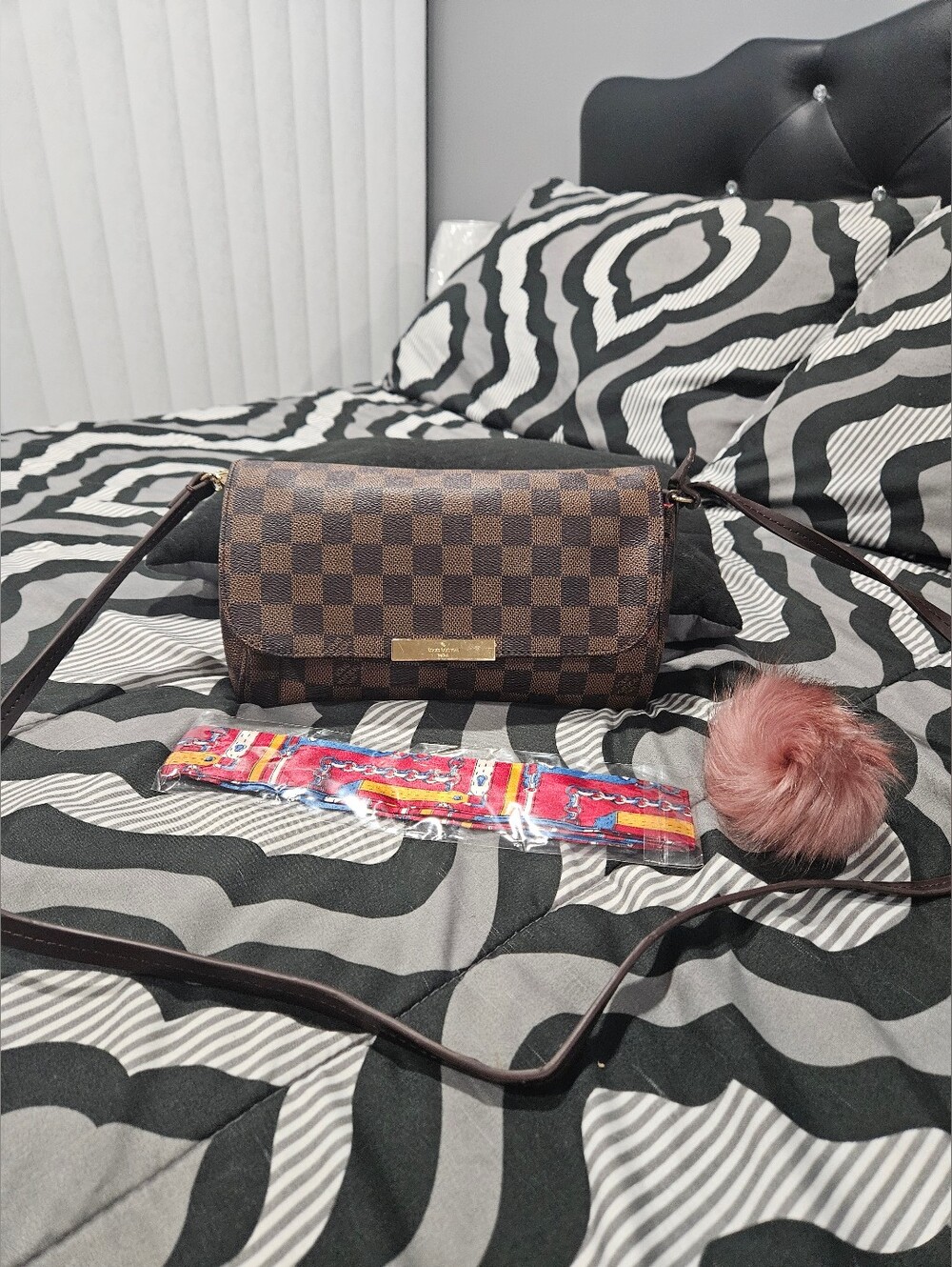 Brown Checkered Crossbody Bag with Pom Pom